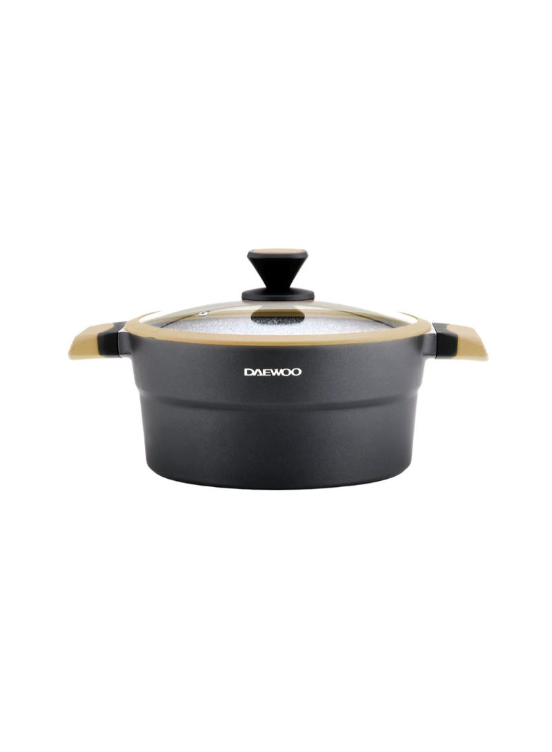 دايو قدر طهي دايو جرانيت 28 سم مع أغطية - مصنوع من الألومنيوم المصبوب، قاعدة غير لاصقة من خمس طبقات بتصميم رخامي جرانيتي، مناسب للطهي بالحث، سطح خارجي مقاوم للحرارة، مقابض باردة الملمس - أسود وبني - Image 1